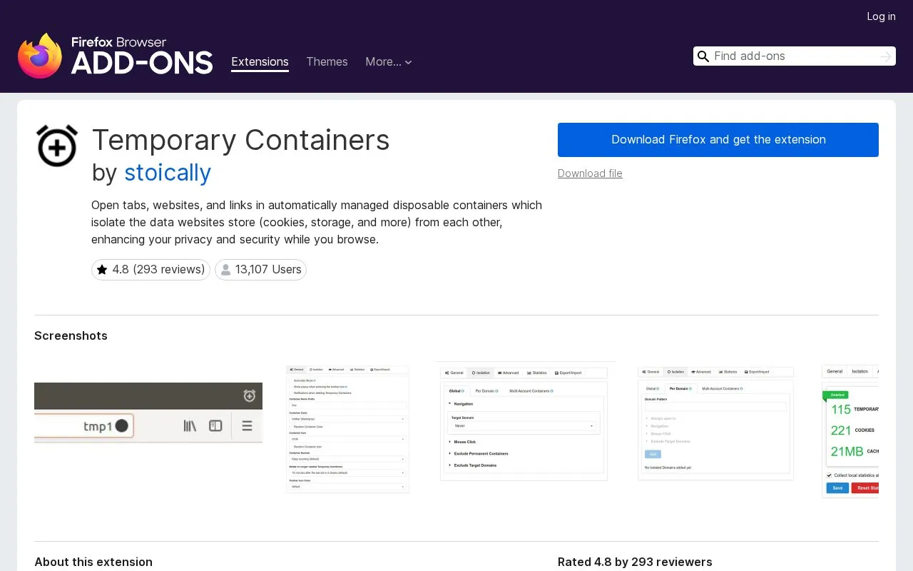 Temporary Containers by stoically homepage screenshot