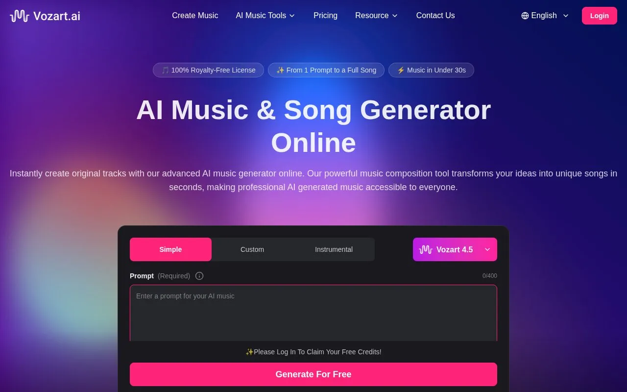 Vozart AI homepage screenshot
