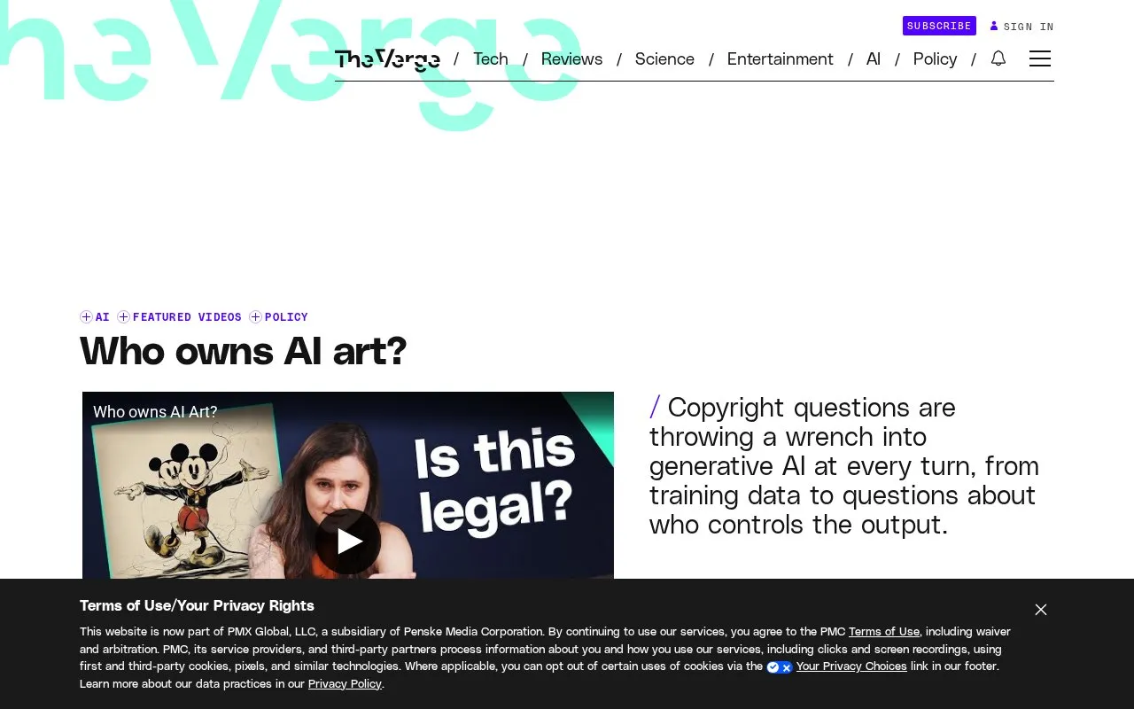 The copyright conundrum of AI art - The Verge homepage screenshot