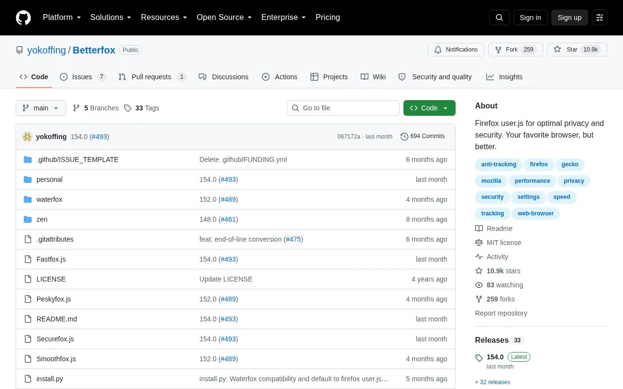 Betterfox homepage screenshot