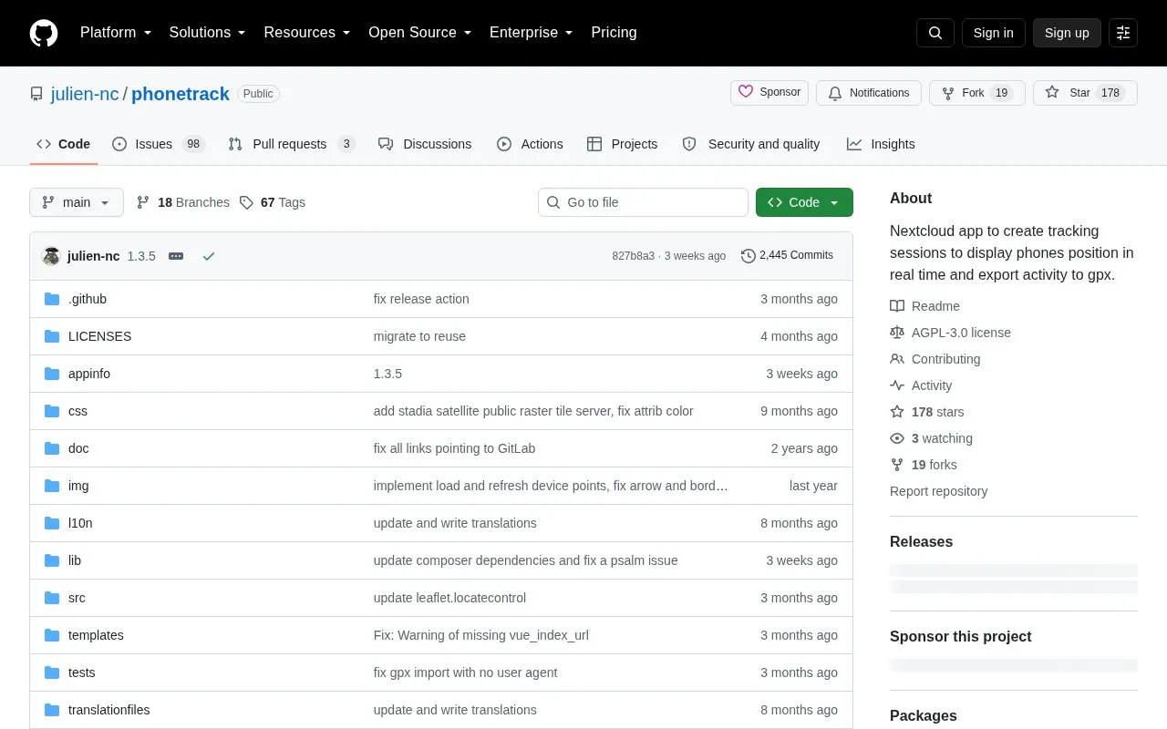PhoneTrack homepage screenshot