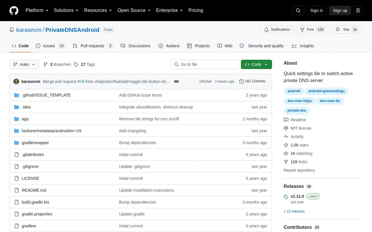 PrivateDNSAndroid homepage screenshot