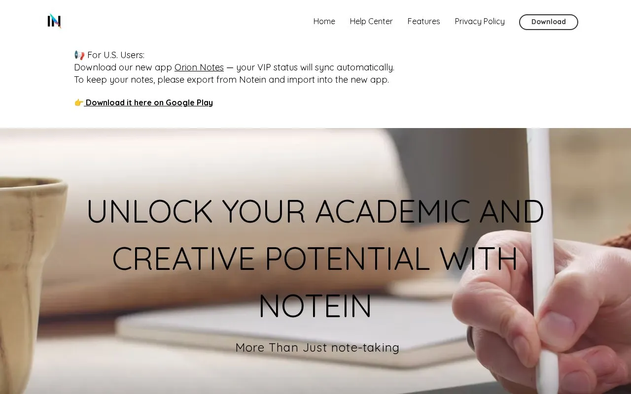 Notein homepage screenshot