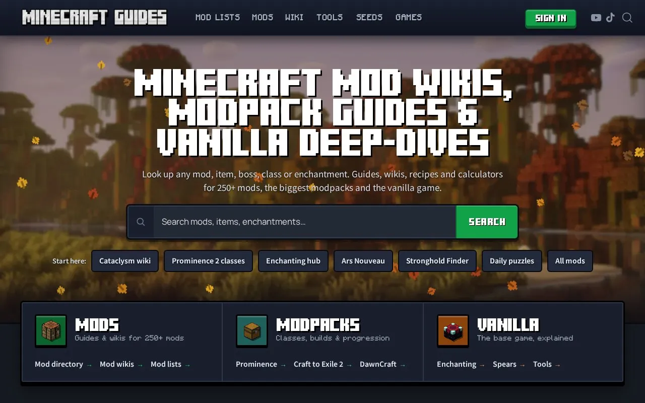 Minecraft Guides homepage screenshot