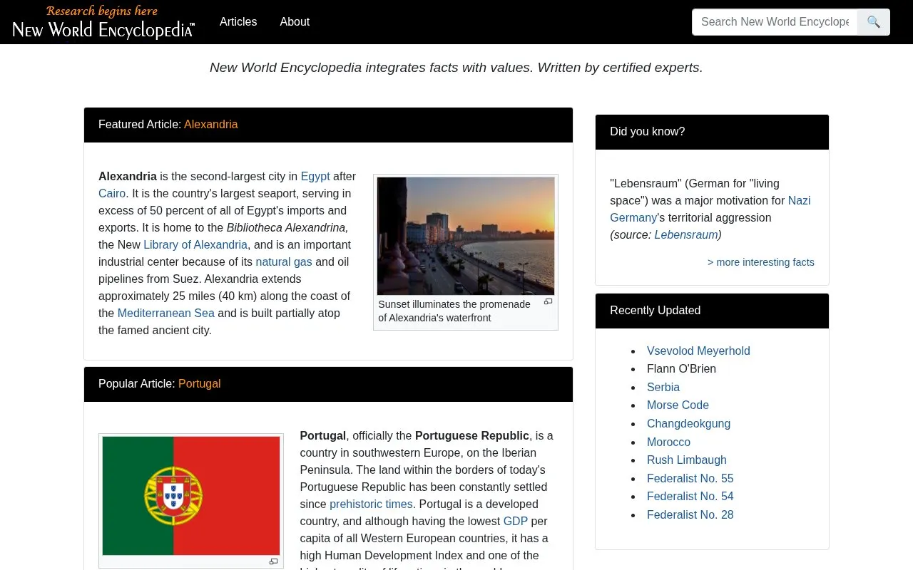 NewWorldEncyclopedia homepage screenshot
