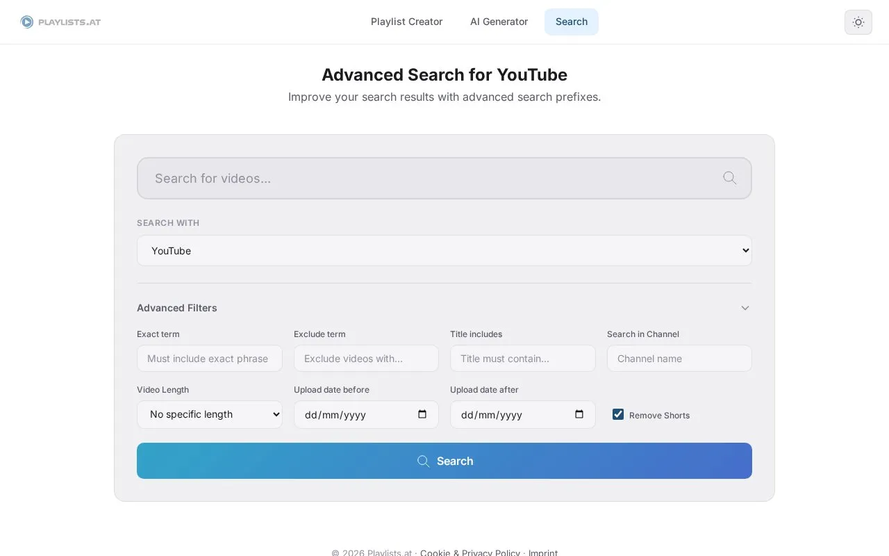 YouTube Advanced Search homepage screenshot
