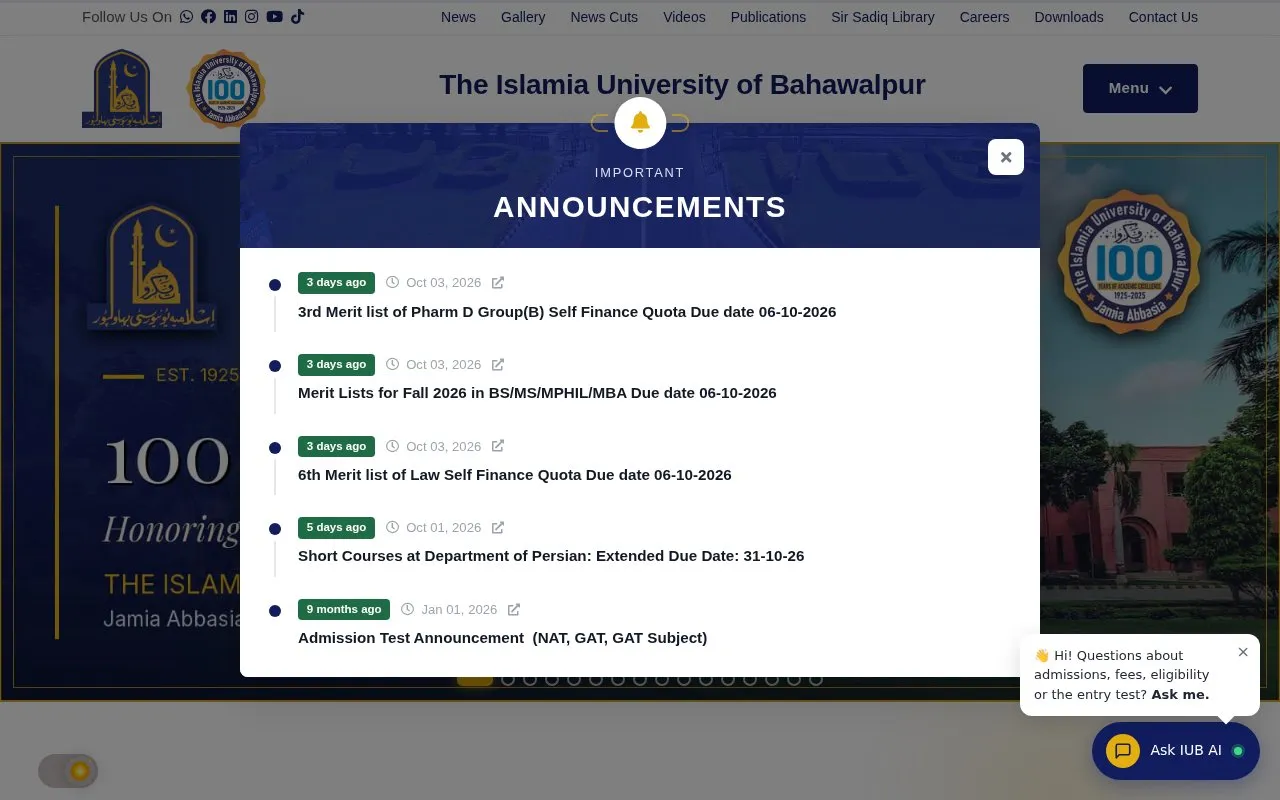 The Islamia University of Bahawalpur homepage screenshot