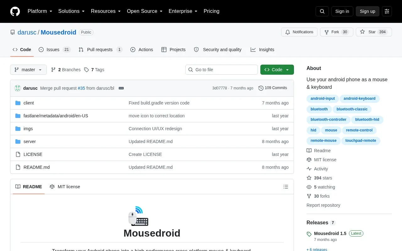 Mousedroid homepage screenshot