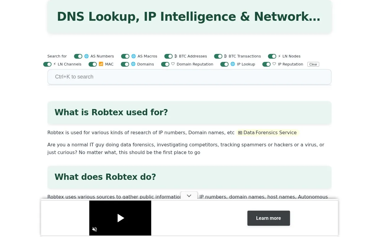 Robtex homepage screenshot
