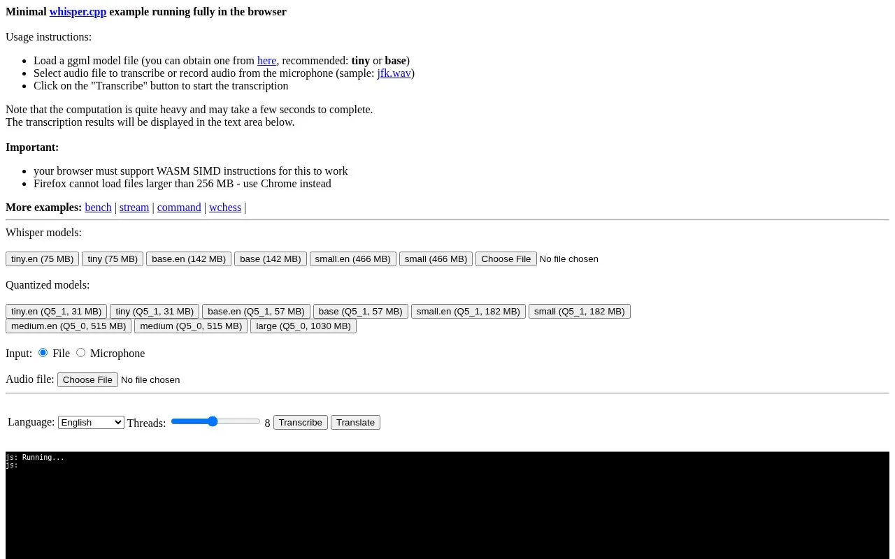 Whisper.cpp homepage screenshot