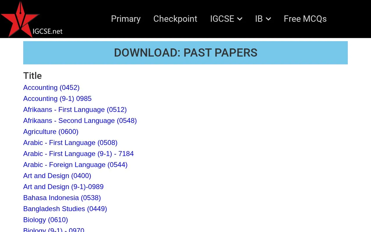 IGCSE Papers homepage screenshot