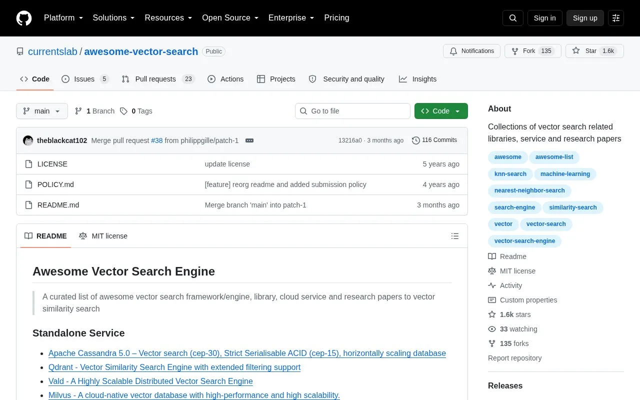 currentslab/awesome-vector-search homepage screenshot