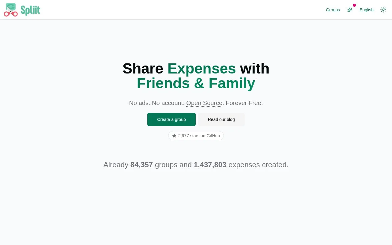 Spliit homepage screenshot