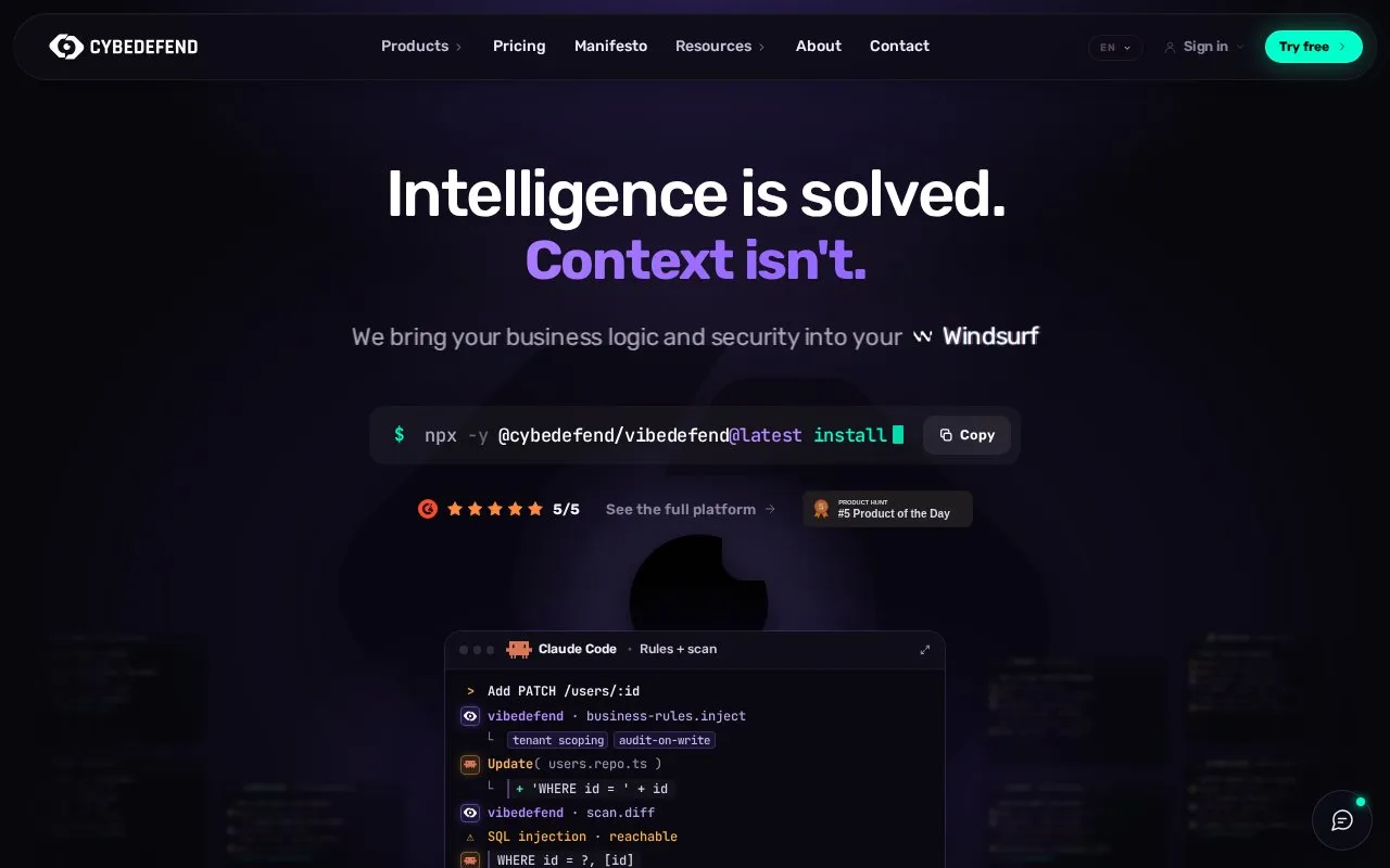 CybeDefend homepage screenshot