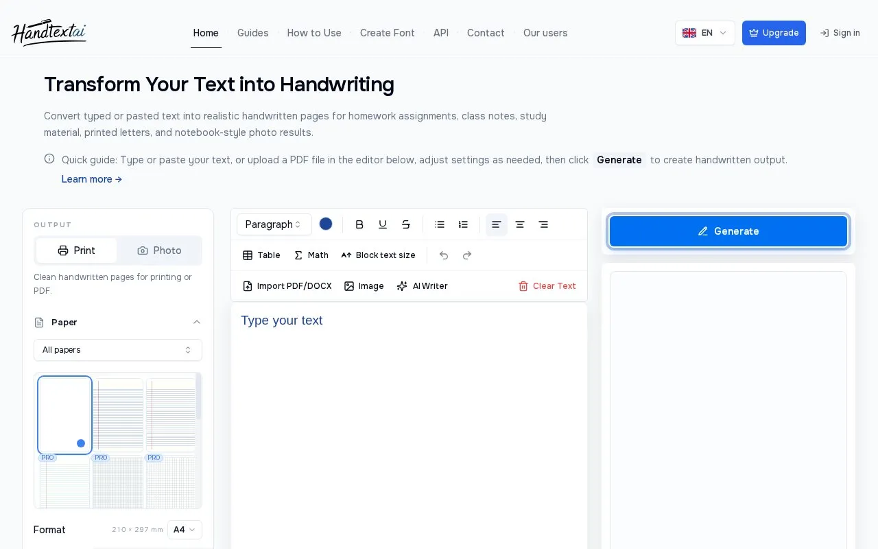 HandtextAI homepage screenshot