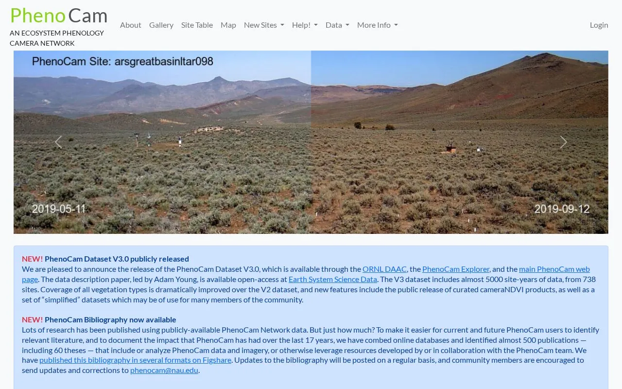 PhenoCam homepage screenshot
