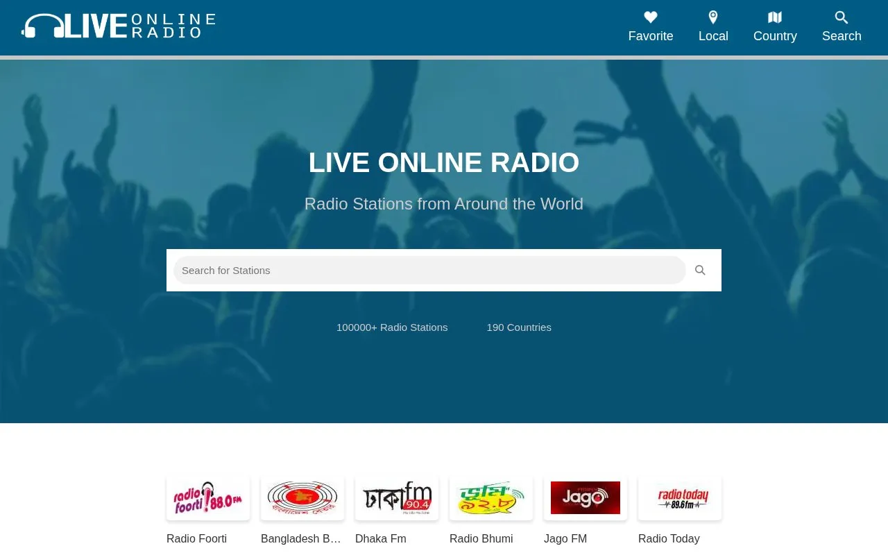 LiveOnlineRadio homepage screenshot