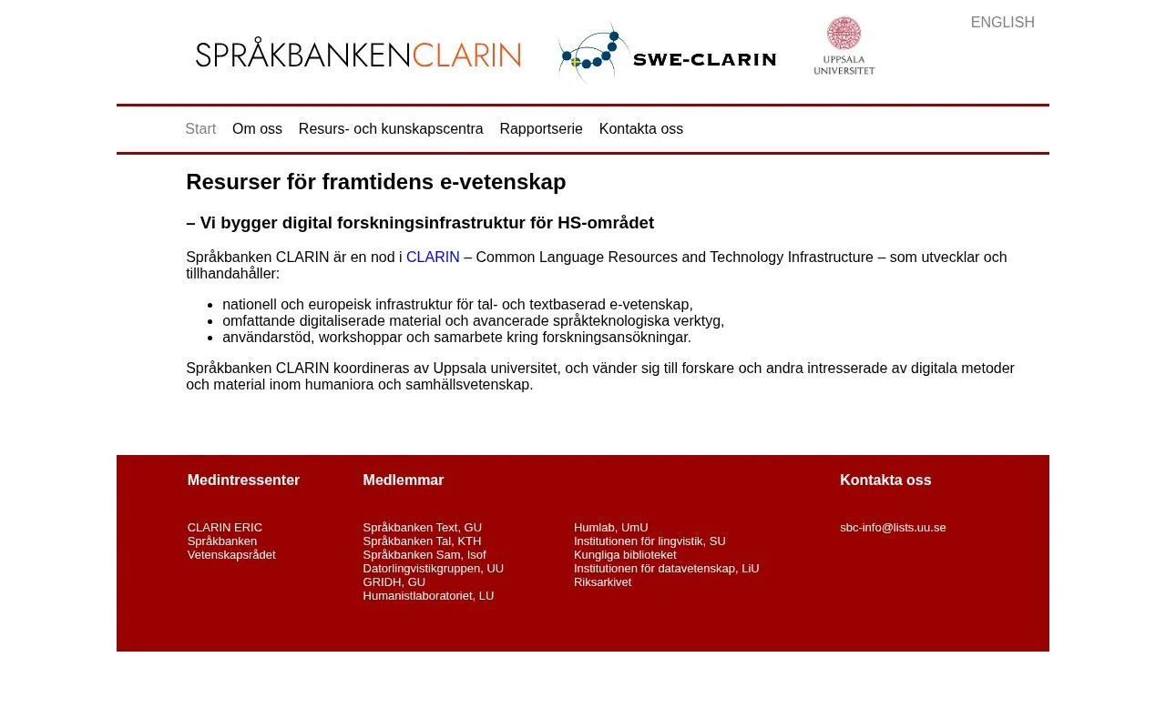 CLARIN Knowledge Centre for the Languages of Sweden homepage screenshot
