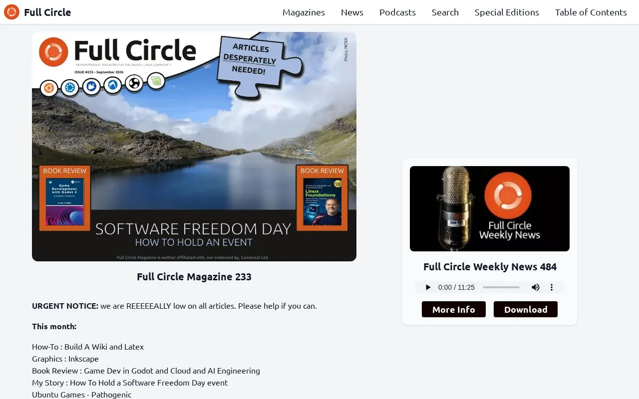 Full Circle Magazine homepage screenshot