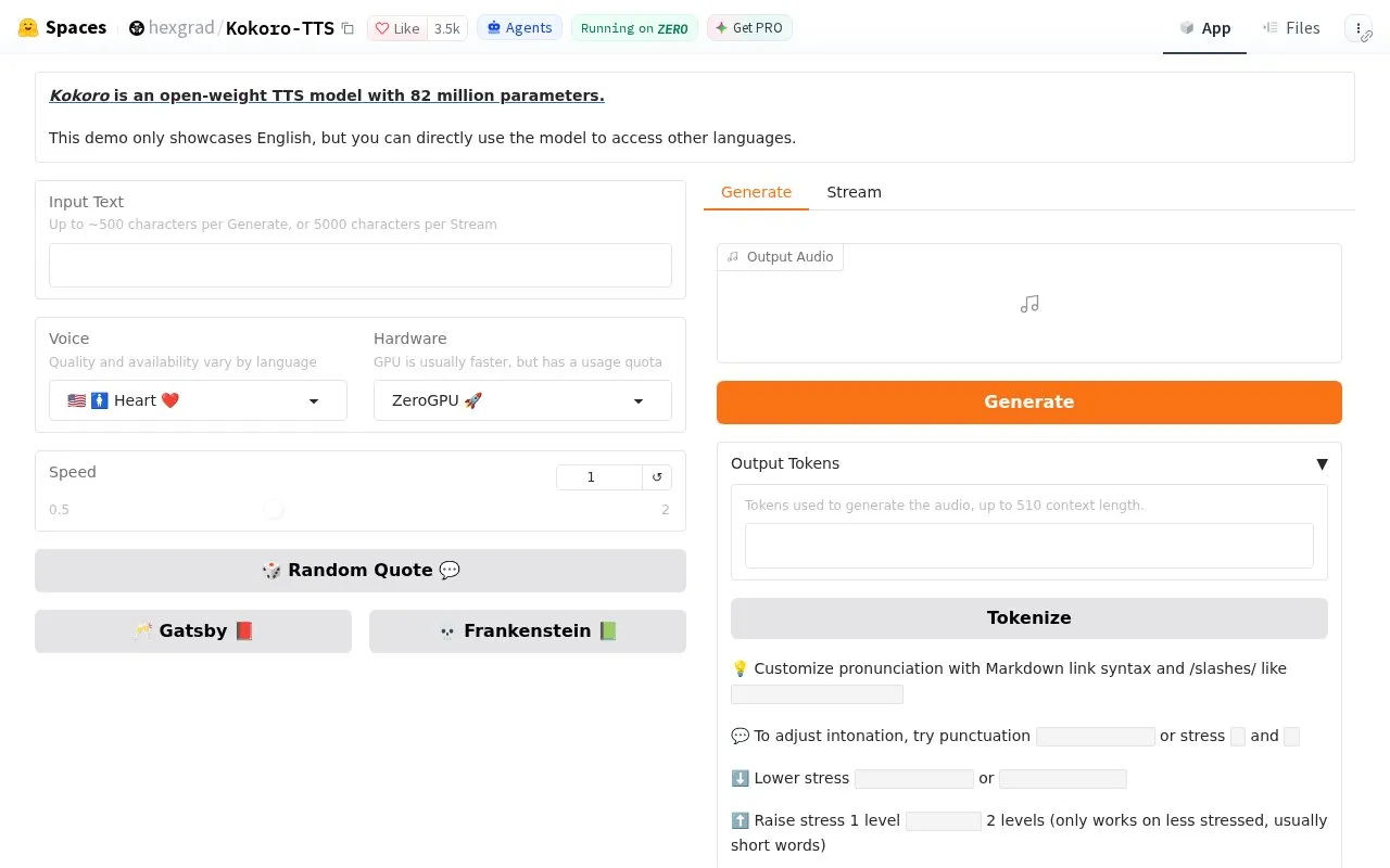 Kokoro TTS homepage screenshot