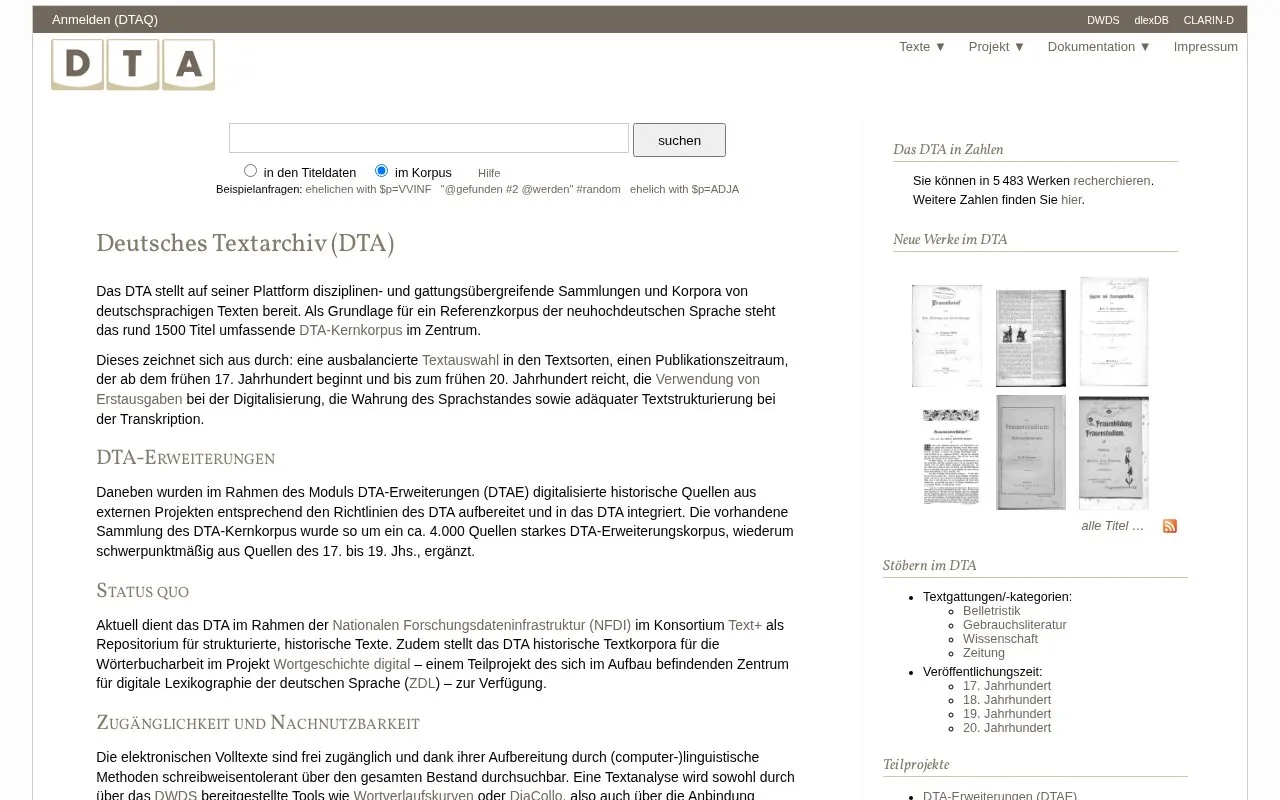 Deutsches Textarchiv homepage screenshot