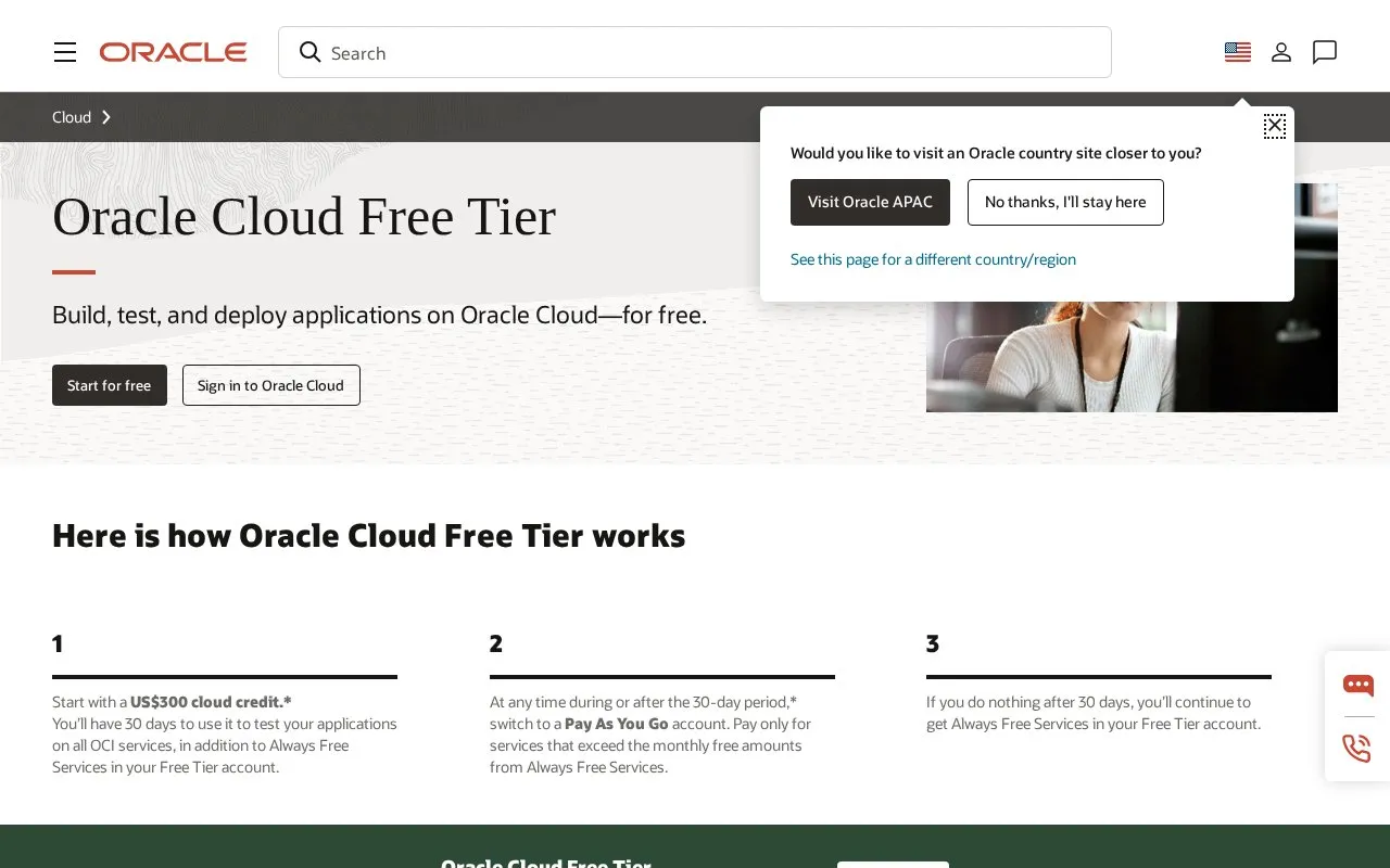 Oracle Cloud homepage screenshot
