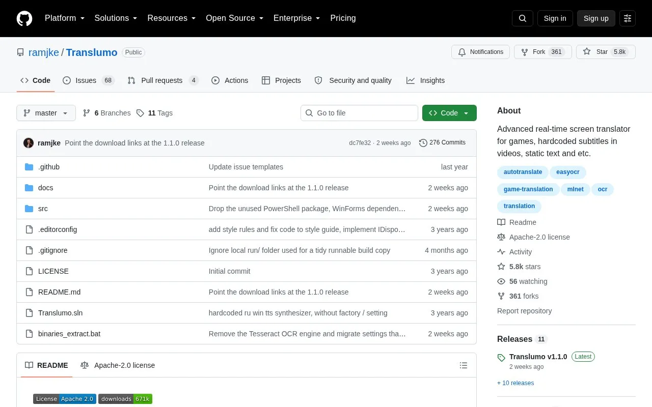 Translumo homepage screenshot