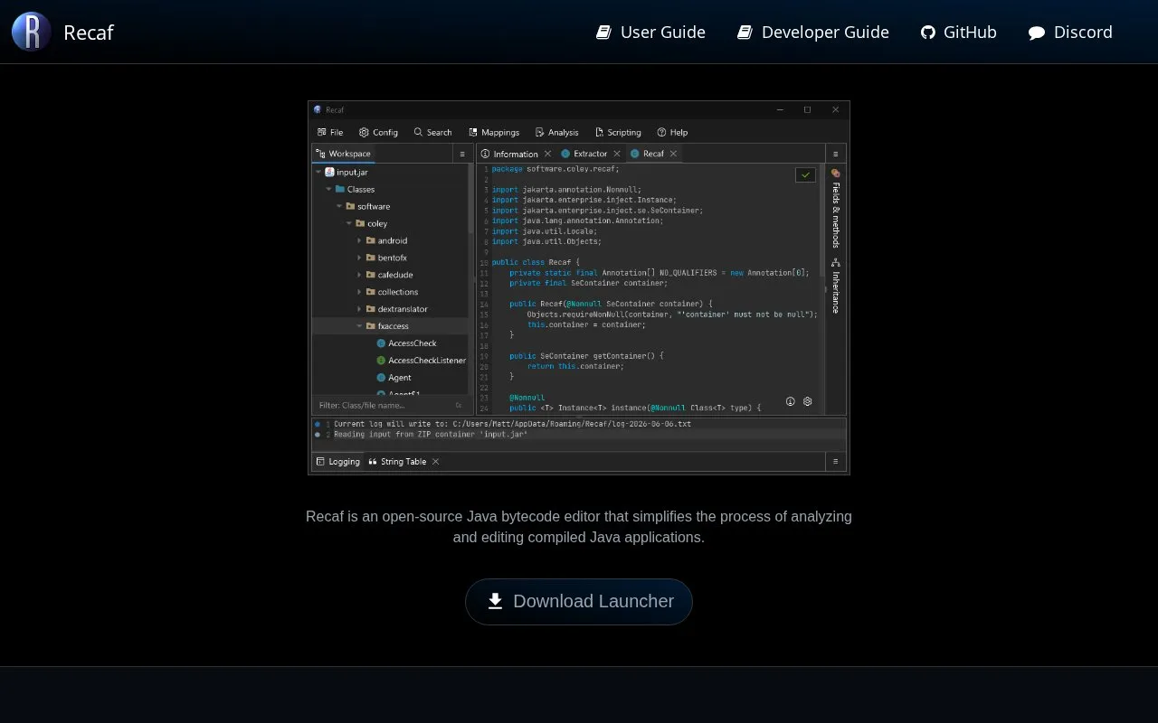 Recaf homepage screenshot