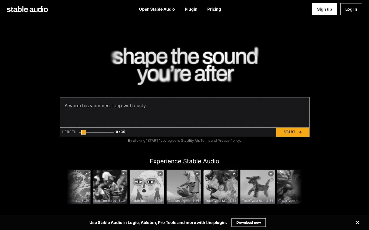 Stable Audio homepage screenshot