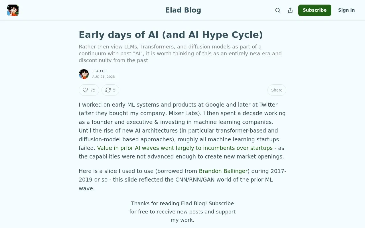 Early days of AI - by Elad Gil homepage screenshot