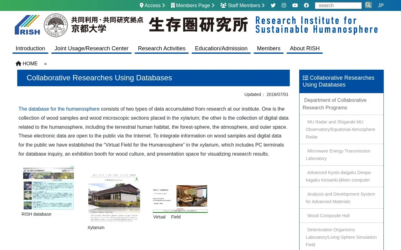 Research Institute for Sustainable Humanosphere databases homepage screenshot