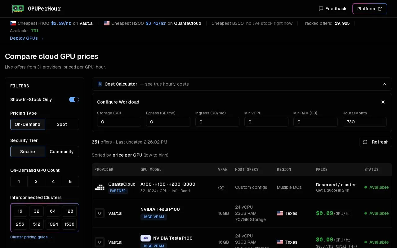 GPU Per Hour homepage screenshot