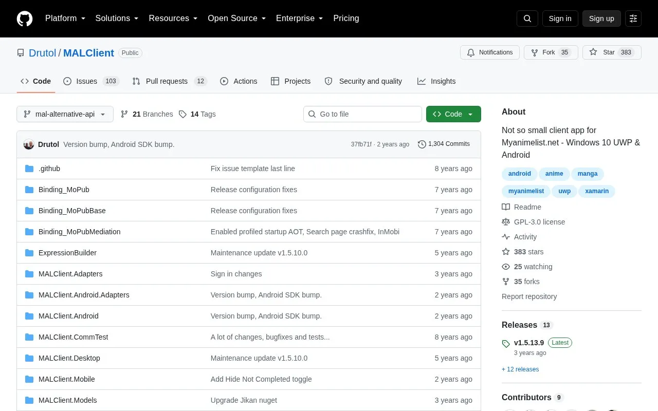 MALClient homepage screenshot