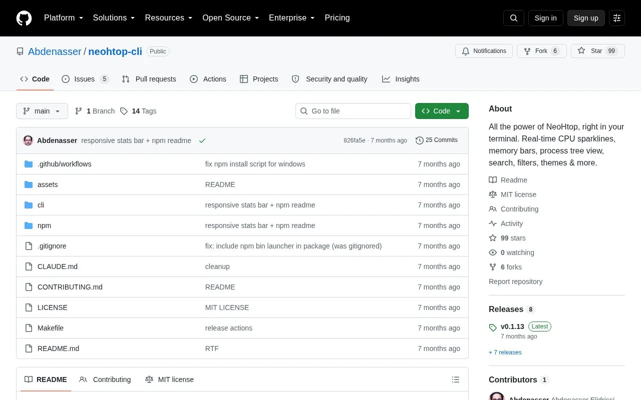 NeoHtop-cli homepage screenshot