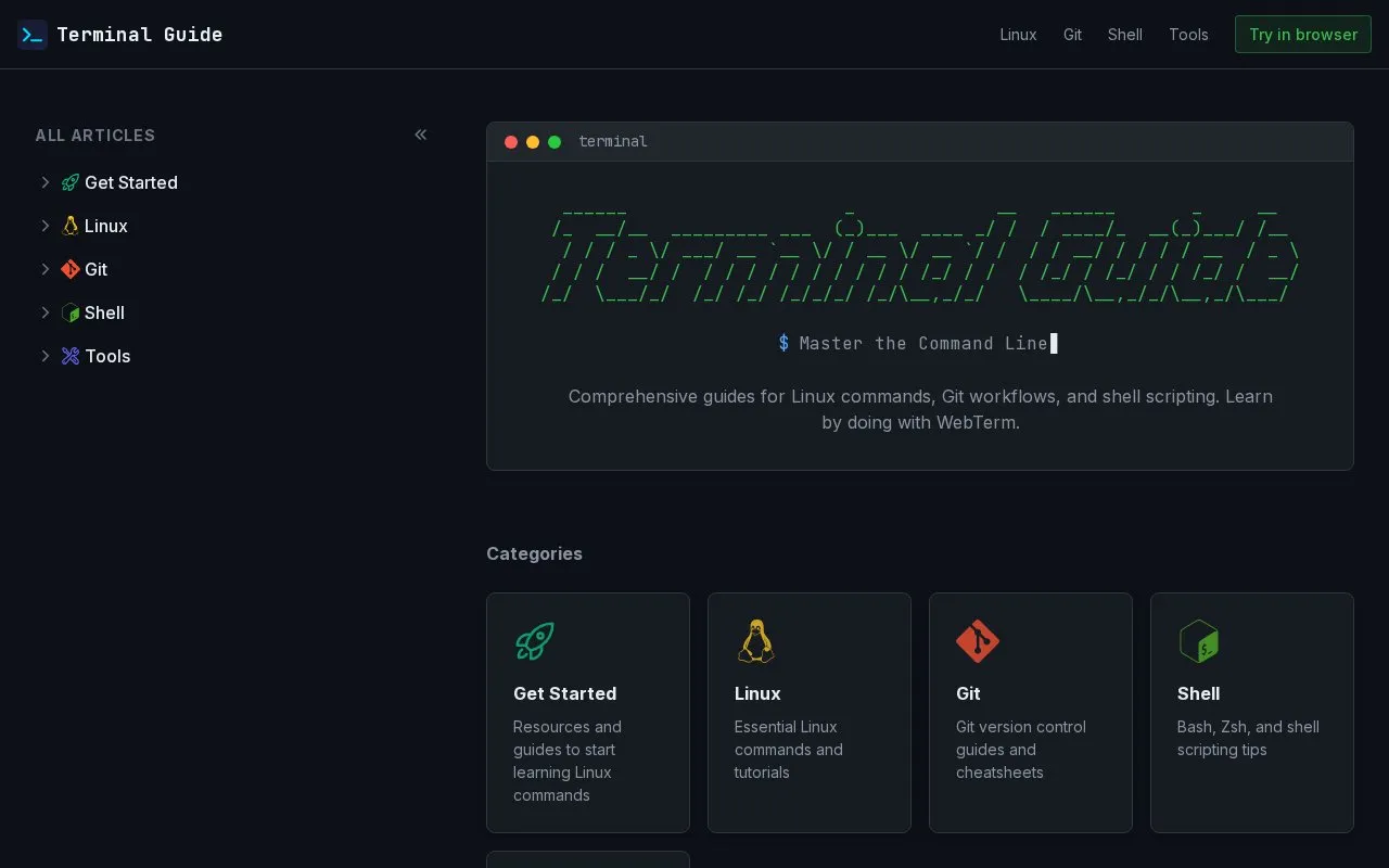 Terminal Guide homepage screenshot