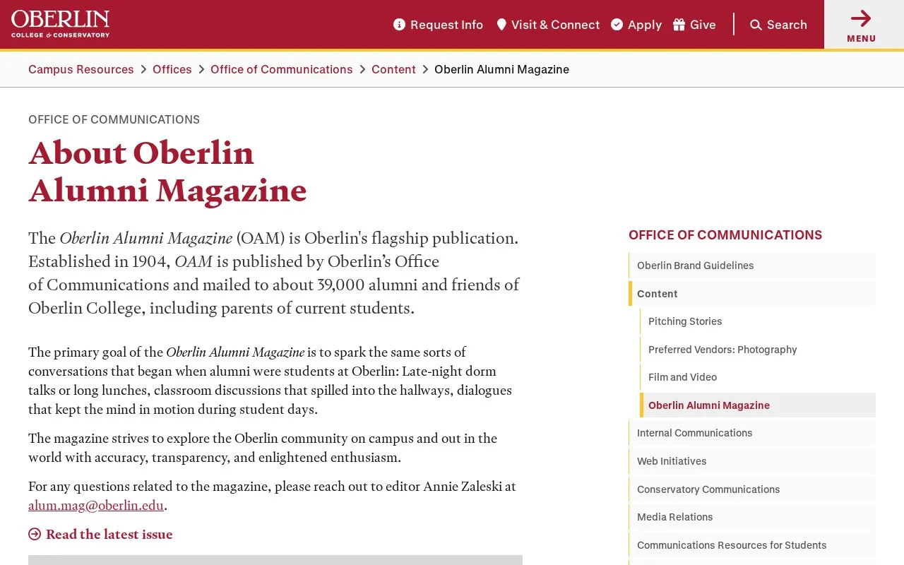 Oberlin Alumni Magazine homepage screenshot