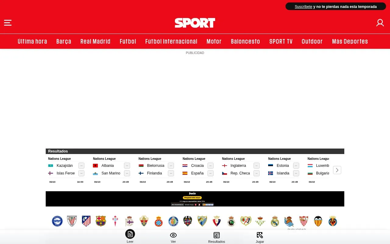 Sport homepage screenshot
