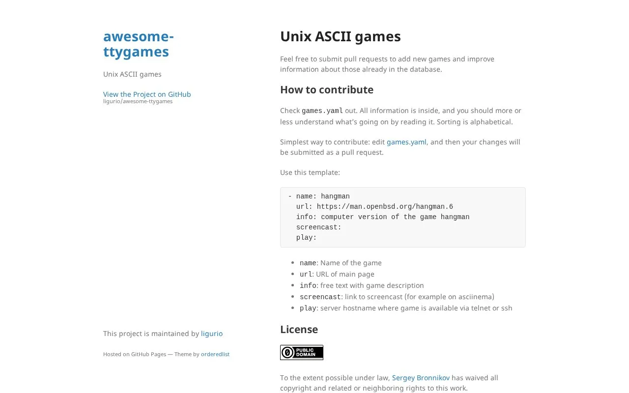 Awesome Terminal Games homepage screenshot