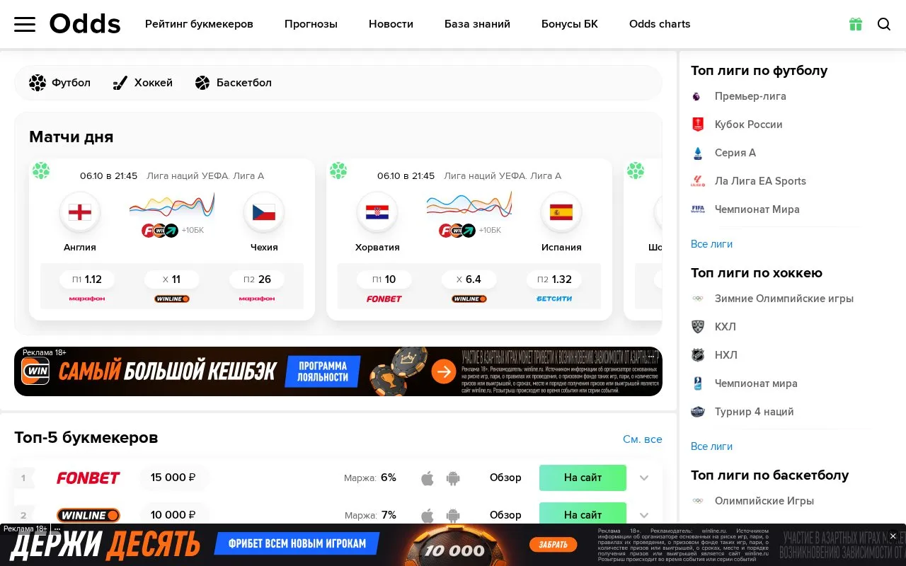 Матч-центр ODDS.ru homepage screenshot