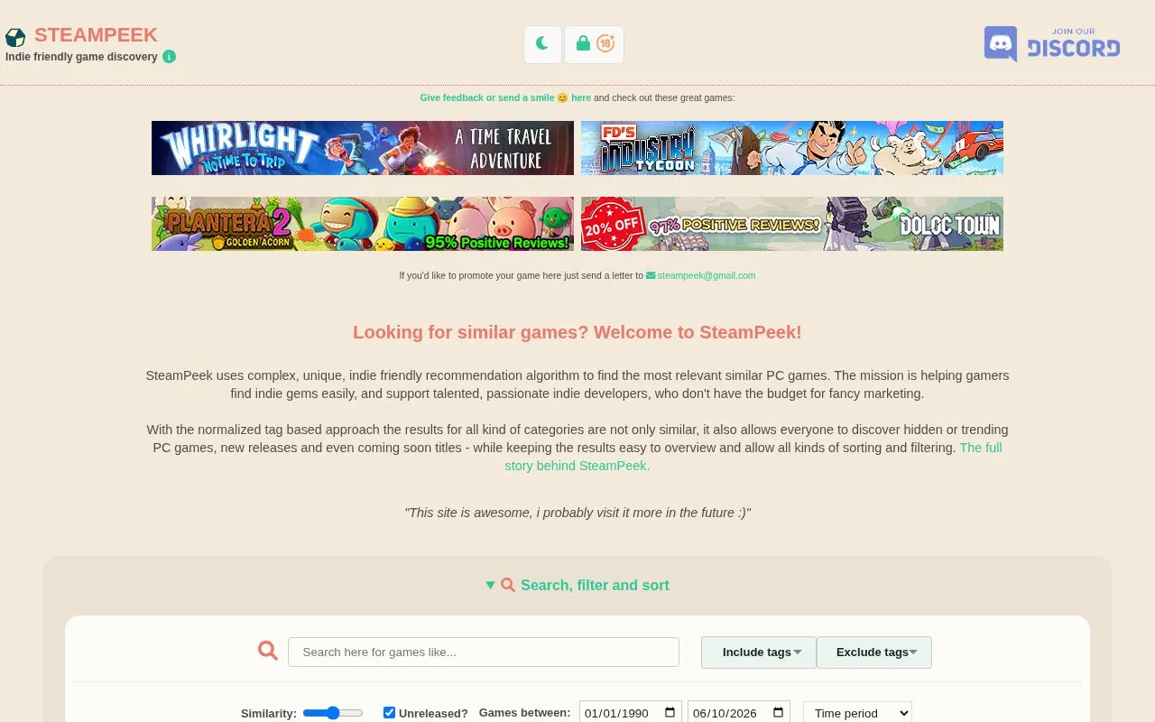 SteamPeek homepage screenshot