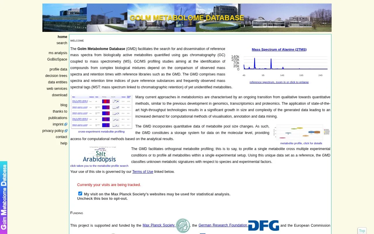 Golm Metabolome Database homepage screenshot