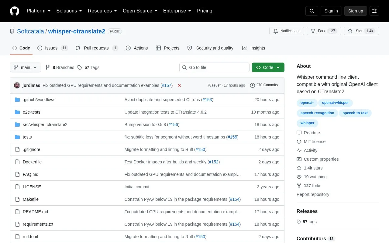 whisper-ctranslate2 homepage screenshot
