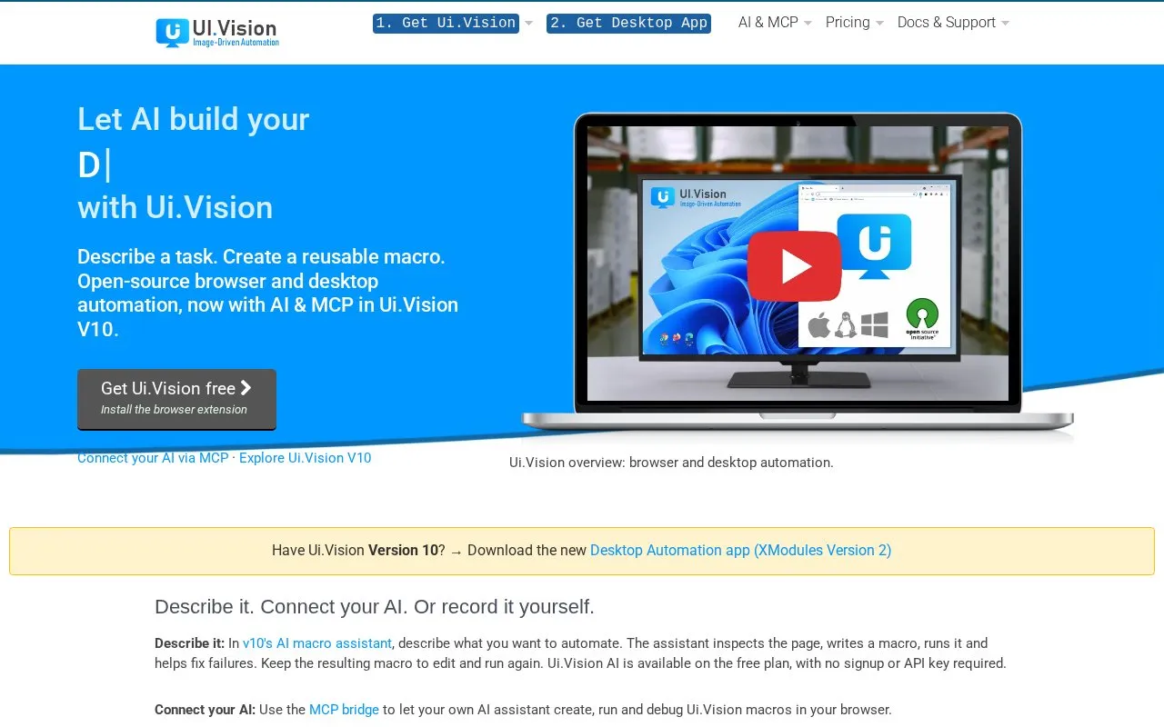 UI.Vision RPA homepage screenshot