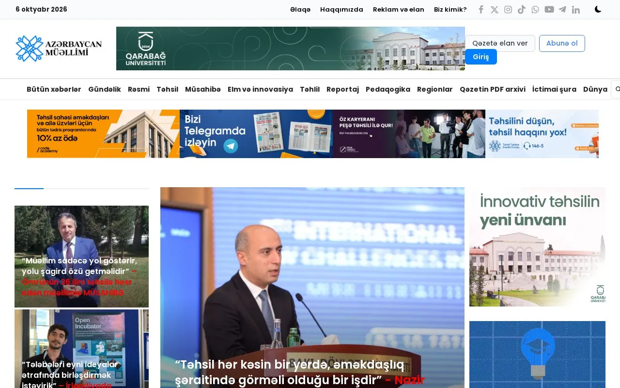 "Azerbaijan muallimi" newspaper homepage screenshot