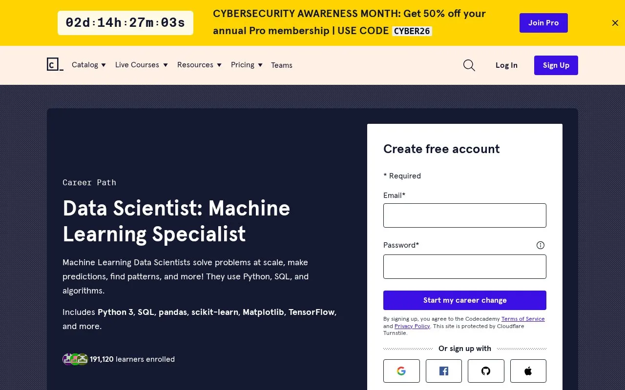 Codecademy's Data Science homepage screenshot
