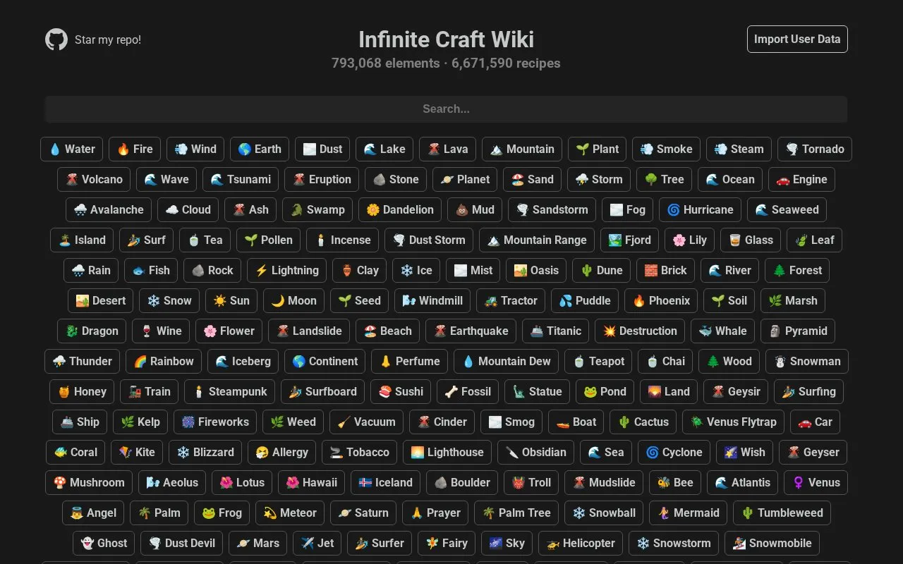 Infinite Craft Wiki homepage screenshot
