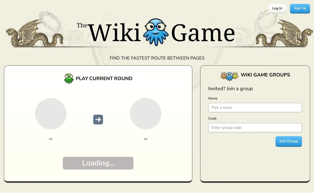 The Wiki Game homepage screenshot