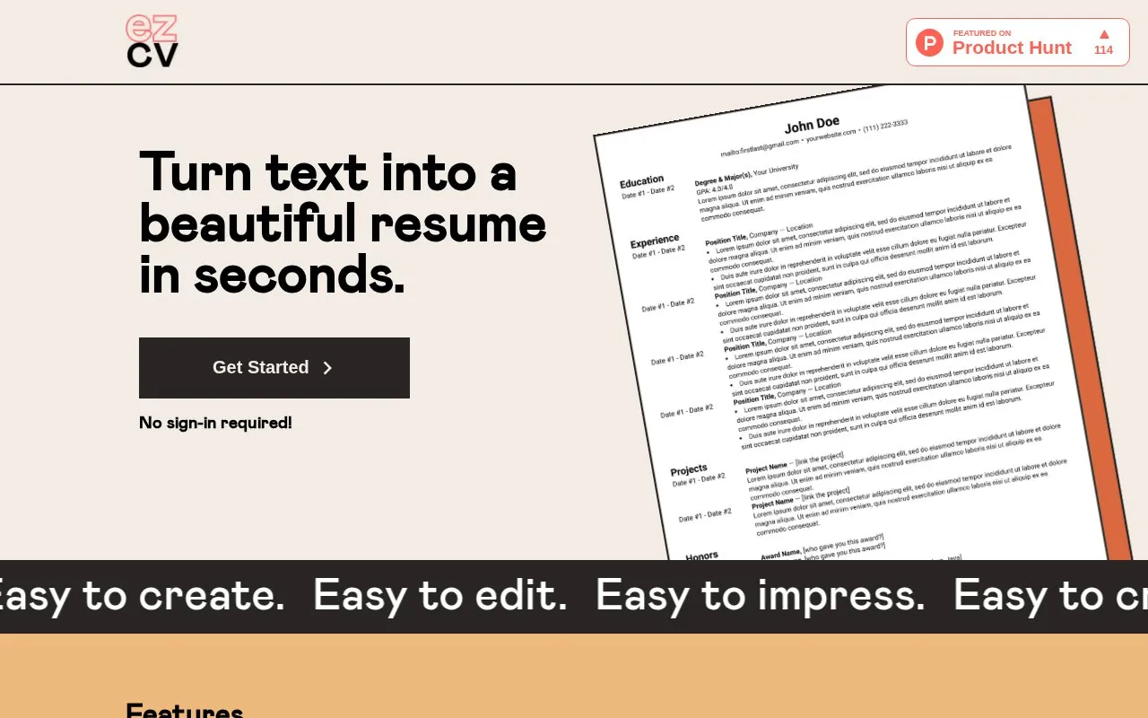 EZCV homepage screenshot