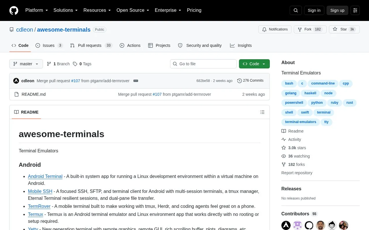 Awesome Terminals homepage screenshot