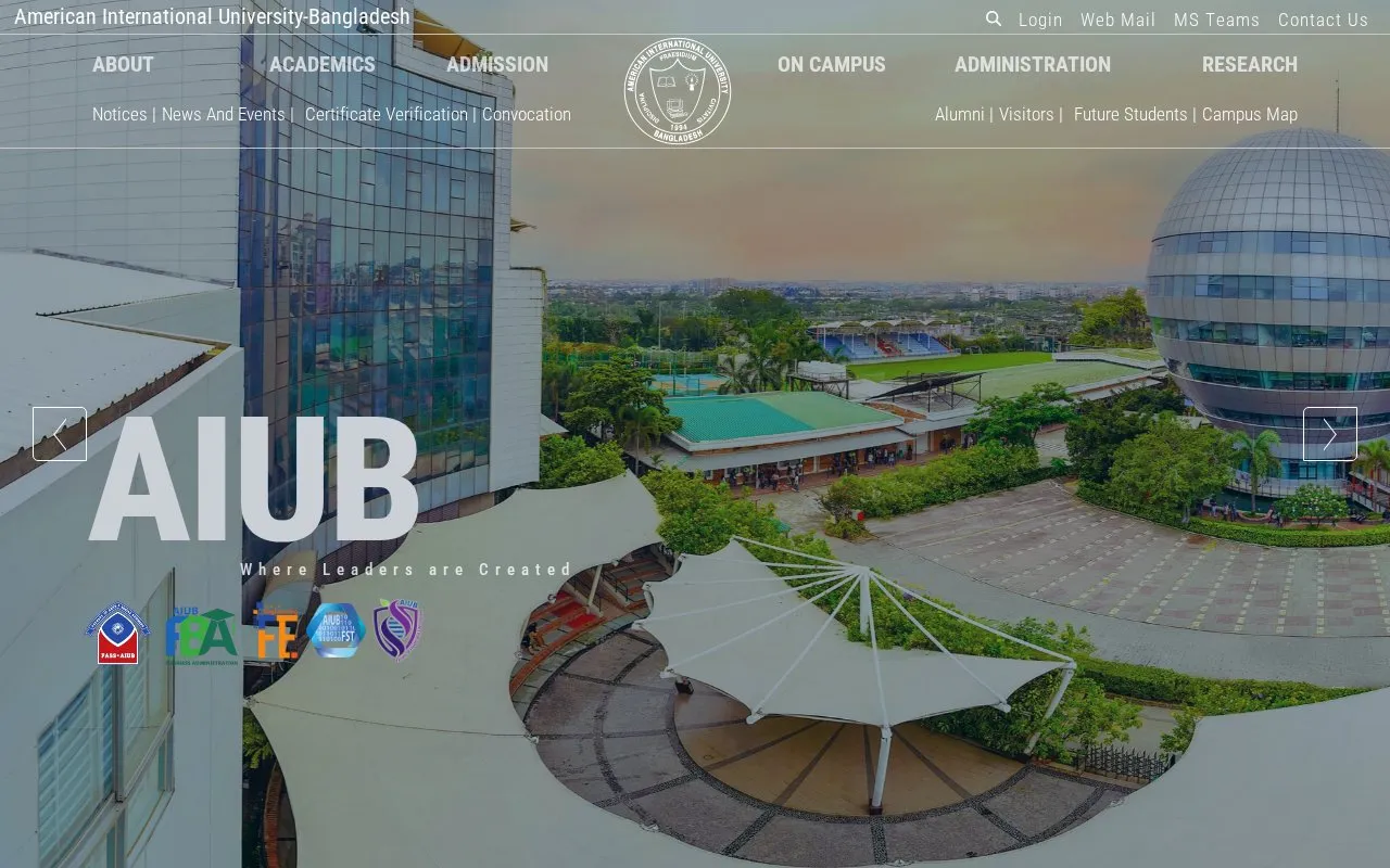 American International University, Bangladesh homepage screenshot